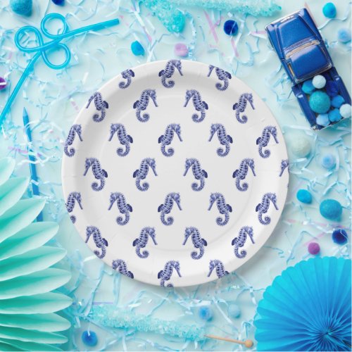 Blue and white seahorse print paper plate