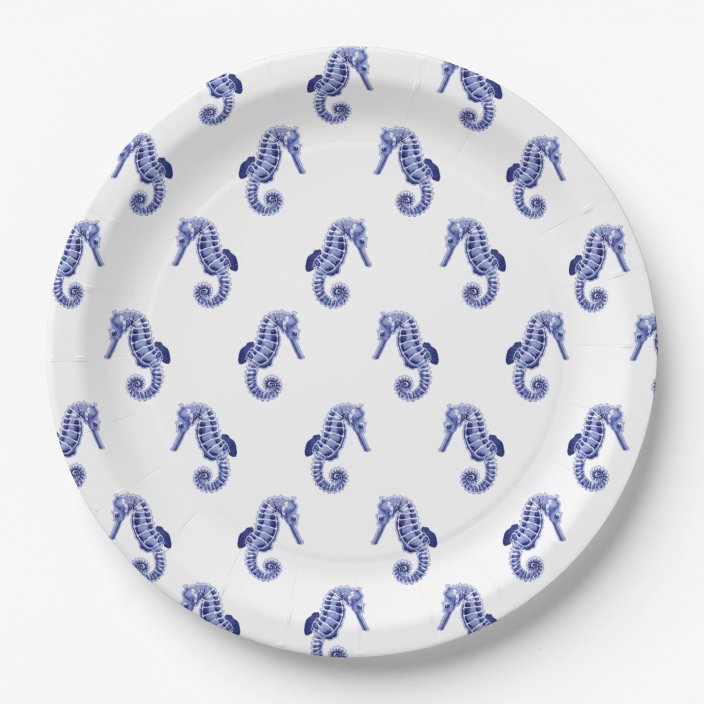 Blue and white seahorse print paper plate | Zazzle.com