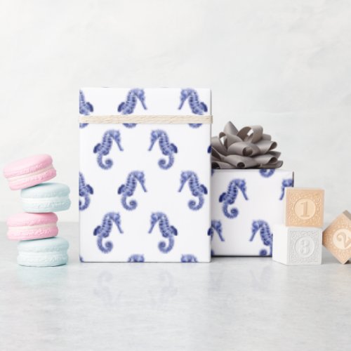 Blue and white seahorse print wrapping paper