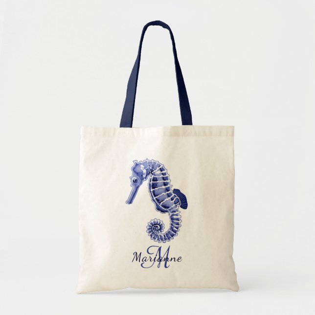Blue and white seahorse tote bag (Front)