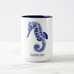 Blue and white seahorse Two-Tone coffee mug