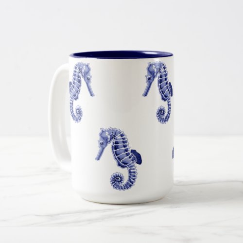 Blue and white seahorses Two_Tone coffee mug