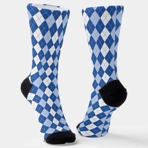 Blue and White Seamless Argyle Pattern Crew Socks