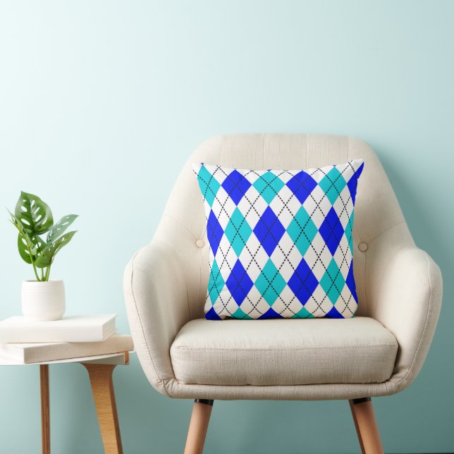 Blue and White Seamless Argyle Pattern Throw Pillow (Chair)