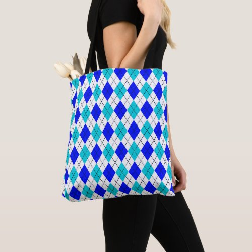 Blue and White Seamless Argyle Pattern Tote Bag