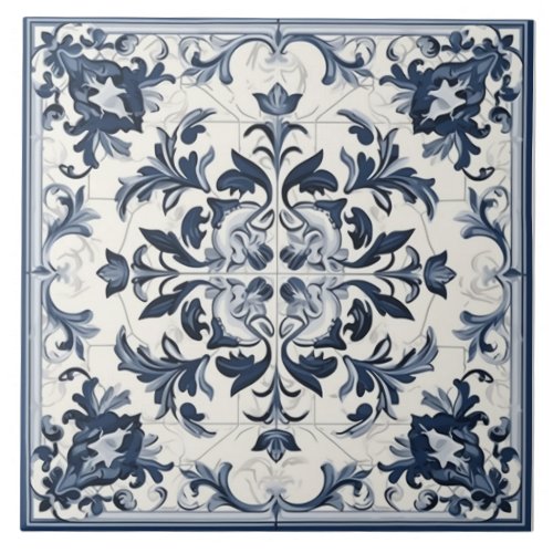 Blue and White Seamless Portuguese Ceramic Tile