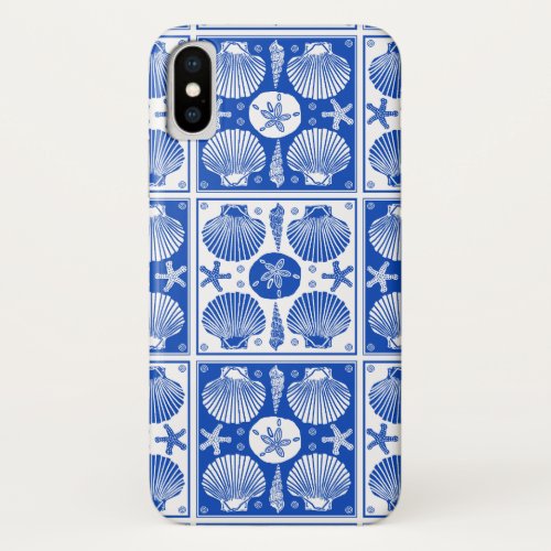 Blue and White Seashell Beach Block Pattern iPhone X Case