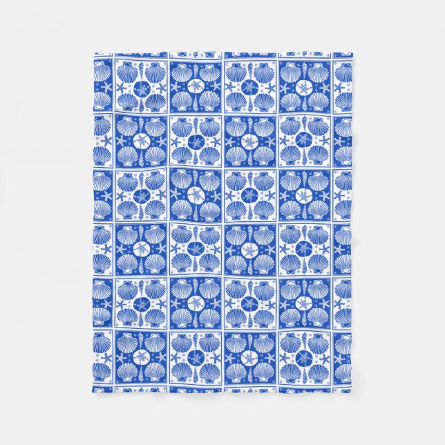 Blue and White Seashell Beach Block Pattern Fleece Blanket (Front)