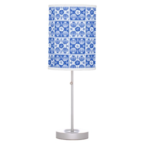 Blue and White Seashell Beach Block Pattern Table Lamp