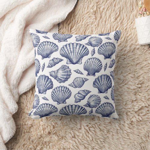 Blue and White Seashell Clam Shell Beach Decor Throw Pillow