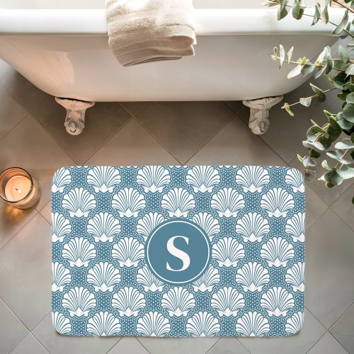 Blue And White Seashell Coastal Monogram Bath Mat