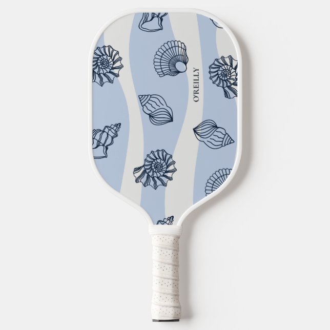Blue and White Seashell Pattern Modern Monogram Pickleball Paddle (Front)
