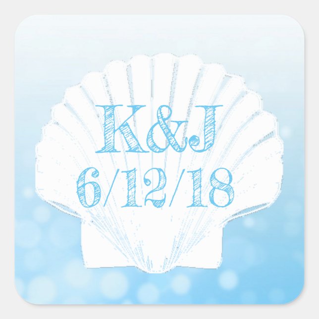 Blue and White Seashell Seaside Wedding Stickers (Front)