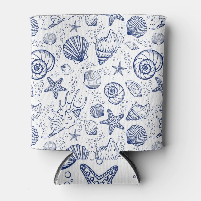 Blue and White Seashell Starfish Can Coolers (Front)