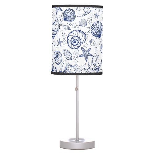 Blue and White Seashell Starfish Can Coolers Table Lamp