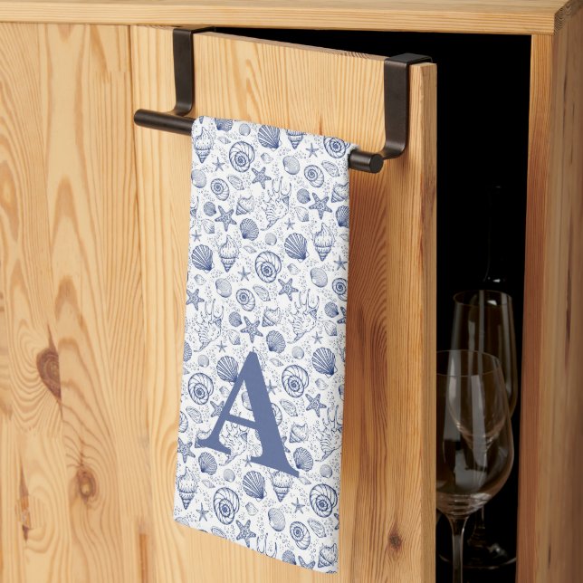 Blue and White Seashell Starfish Nautical Monogram Kitchen Towel (Thirds Fold)