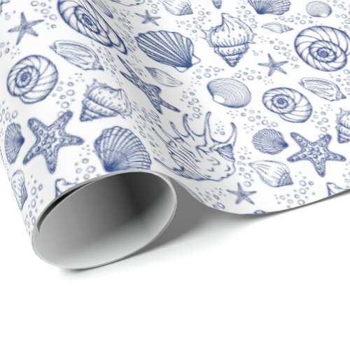 Blue and White Seashell Starfish Wrapping Paper