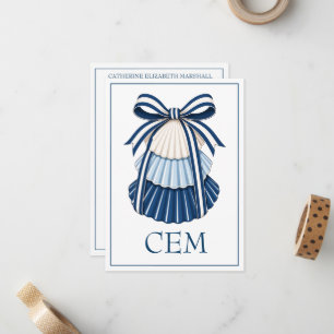 Blue and White Seashells and Ribbons Monogram Note Card