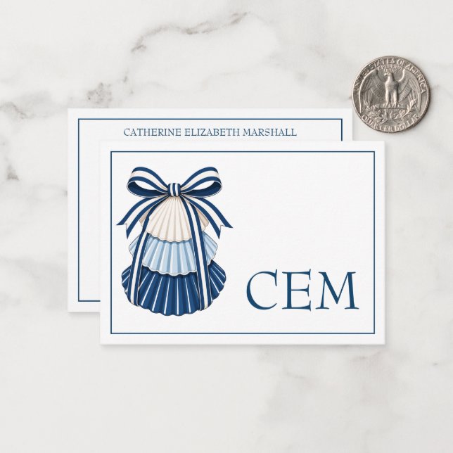 Blue and White Seashells and Ribbons Monogram Note Card (Front/Back In Situ)