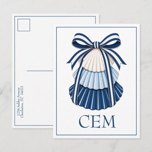 Blue and White Seashells and Ribbons Monogram Postcard