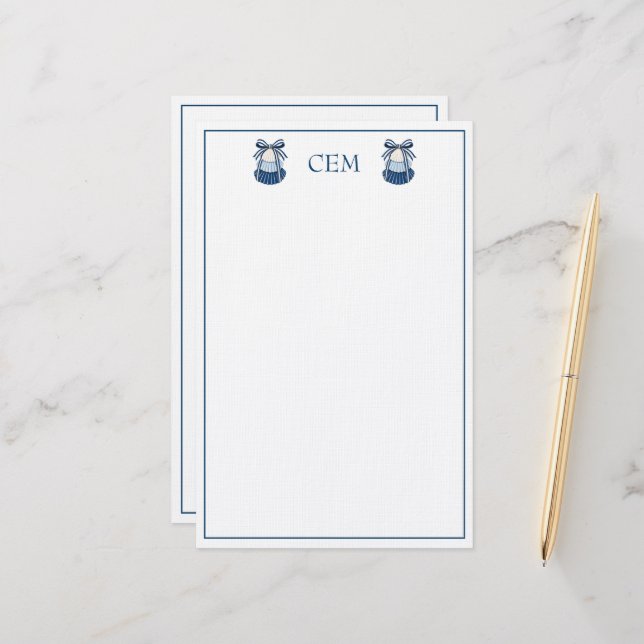 Blue and White Seashells and Ribbons Monogram Stationery (Front/Back In Situ)