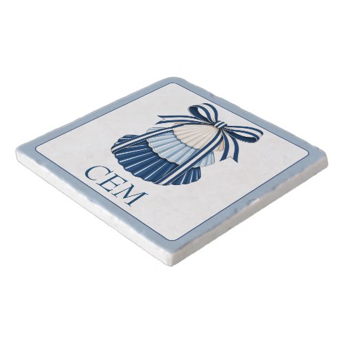 Blue and White Seashells and Ribbons Monogram Trivet