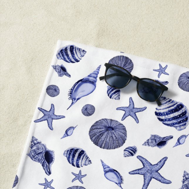 Blue and white seashells  beach towel (In Situ)