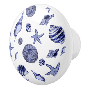 Blue and white seashells ceramic knob