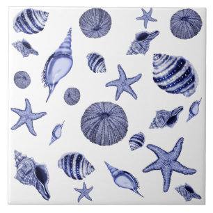 Blue and white seashells ceramic tile