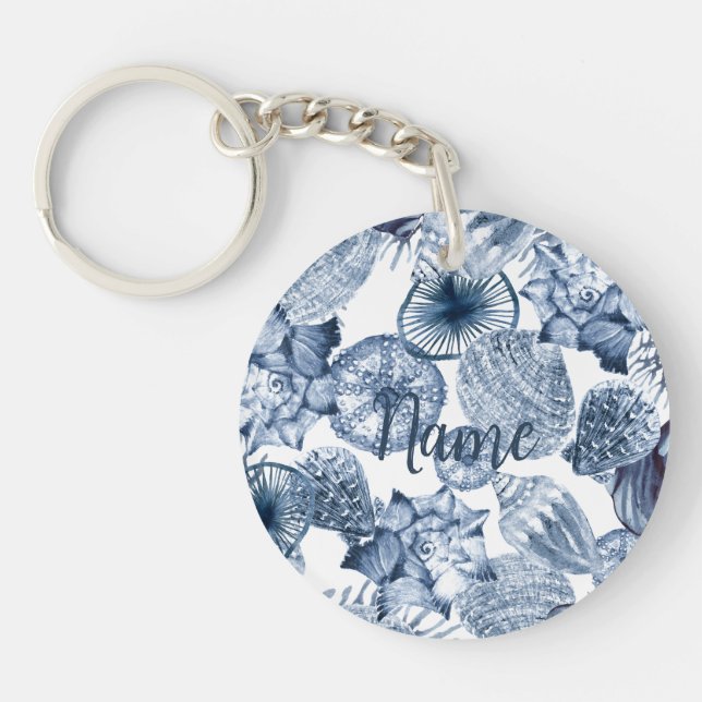 Blue and White Seashells Coastal Design Keychain (Front)
