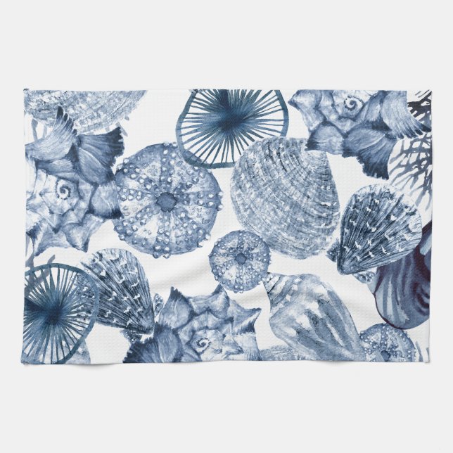 Blue and White Seashells Coastal Design Kitchen Towel (Horizontal)