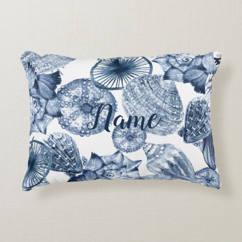 Blue and White Seashells Coastal Design Name Accent Pillow