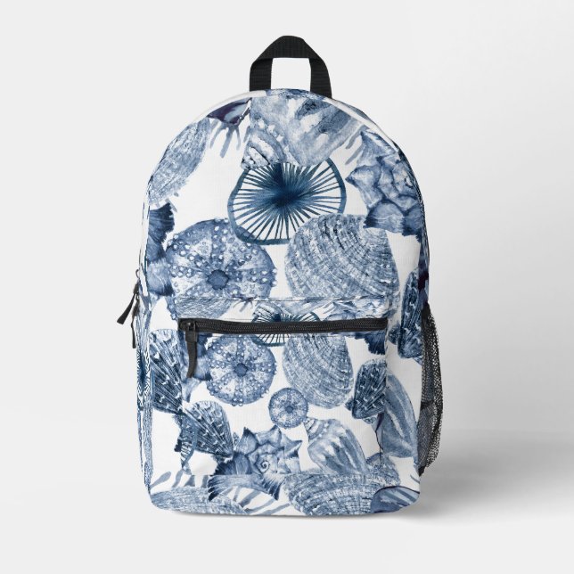 Blue and White Seashells Coastal Design Printed Backpack (Front)