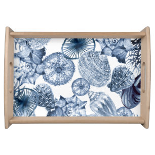 Blue and White Seashells Coastal Design Serving Tray