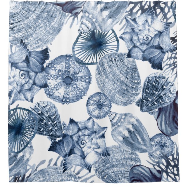 Blue and White Seashells Coastal Design Shower Curtain (Front)