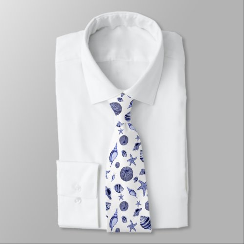 Blue and white seashells  neck tie