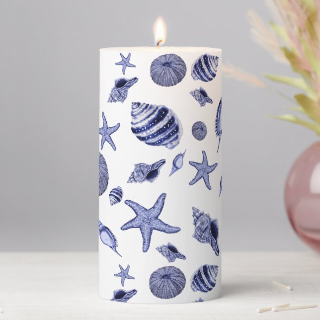Blue and white seashells pillar candle (In Situ)