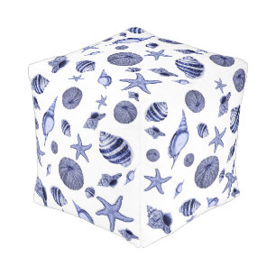 Blue and white seashells pouf
