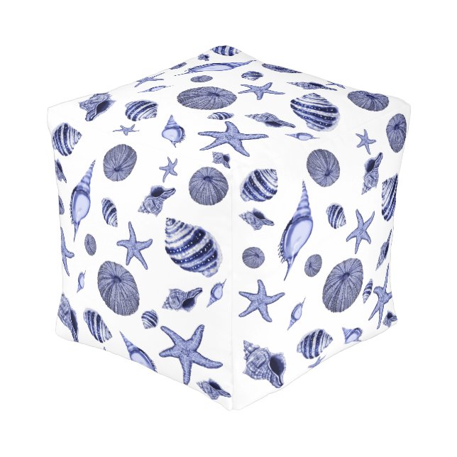 Blue and white seashells  pouf (Angled Front)