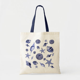 Blue and white seashells tote bag