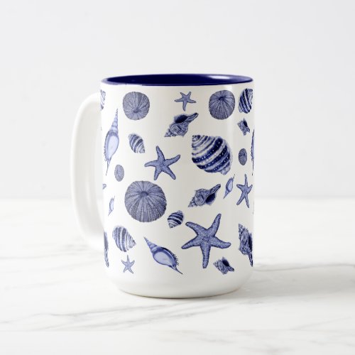 Blue and white seashells  Two_Tone coffee mug