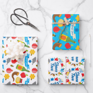 Blue and white Shana Tova Wrapping Paper Sheets
