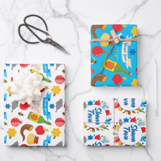 Blue and white Shana Tova Wrapping Paper Sheets (Front)