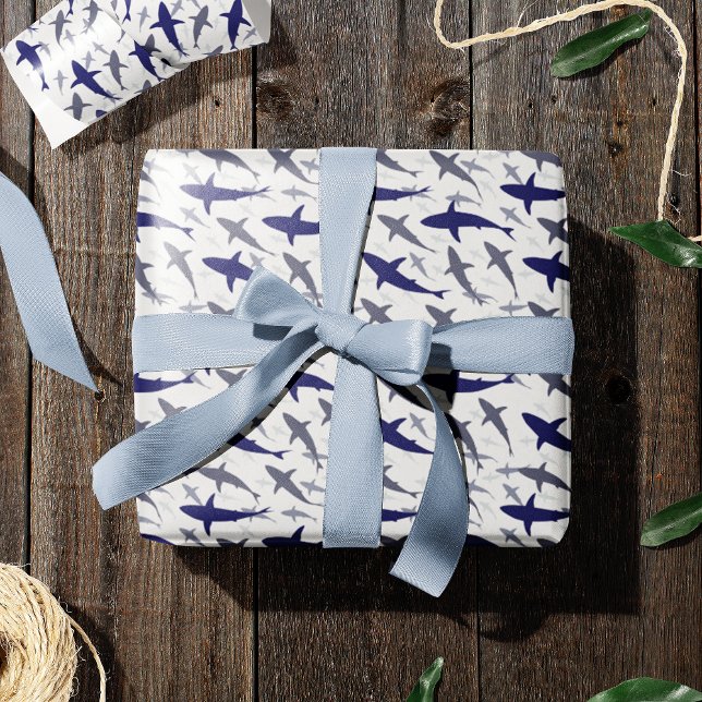 Blue and White Shark Pattern Boy Birthday Wrapping Paper (Creator Uploaded)