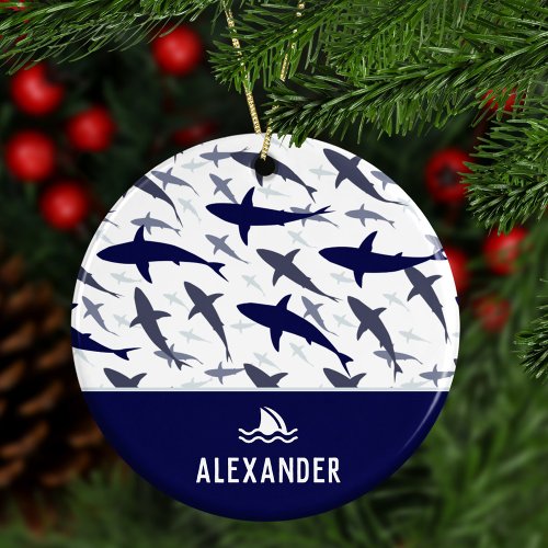 Blue and White Shark Pattern w Name Boy Christmas Ceramic Ornament