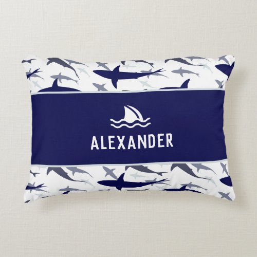 Blue and White Shark Pattern with Name Boy Accent Pillow