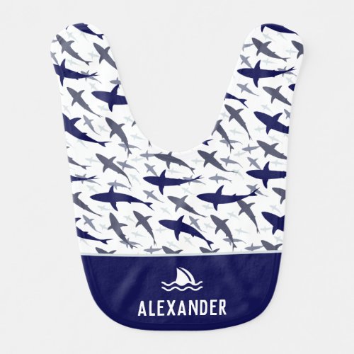 Blue and White Shark Pattern with Name Boy Baby Bib
