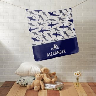 Blue and White Shark Pattern with Name Boy Baby Blanket