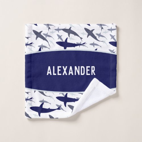 Blue and White Shark Pattern with Name Boy Bath Towel Set