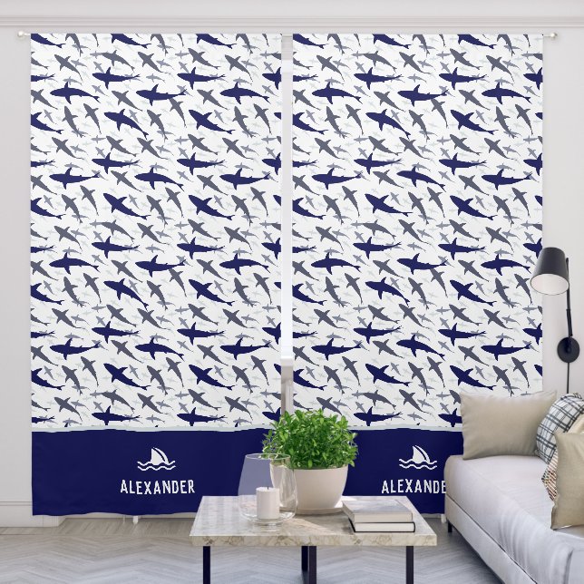 Blue and White Shark Pattern with Name Boy Blackout Curtains (Living Room)